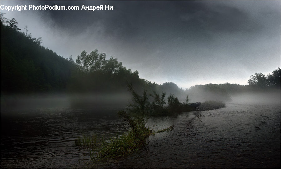 Fog, Outdoors, River, Water, Field, Grass, Grassland