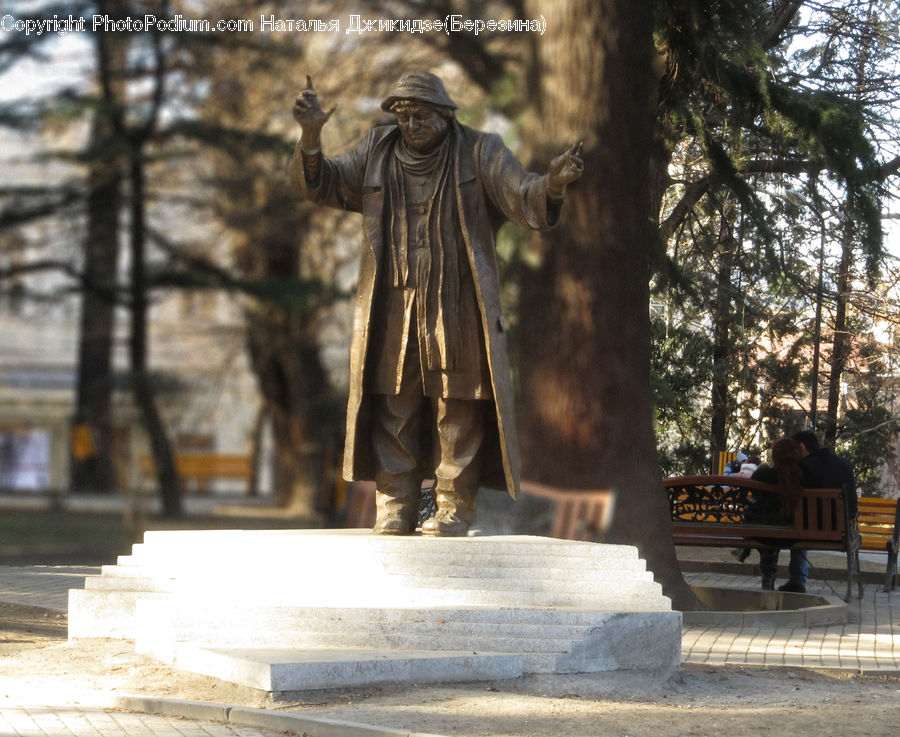 People, Person, Human, Bench, Fountain, Water, Conifer