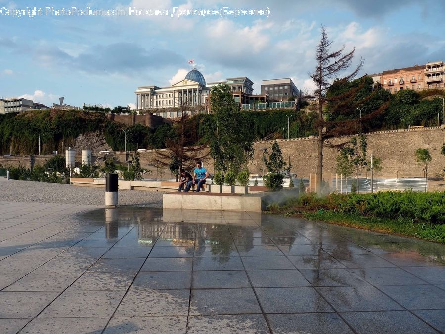 Architecture, Downtown, Plaza, Town Square, Fountain, Water, Town