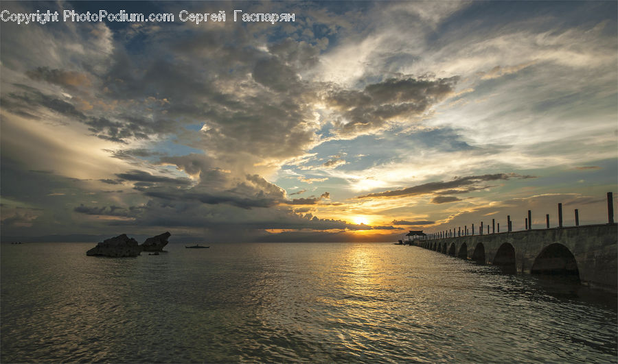 Bridge, Coast, Outdoors, Sea, Water, Dusk, Sky
