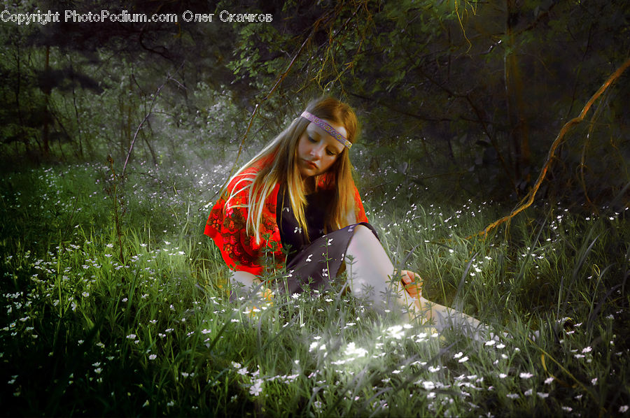 Field, Grass, Grassland, Plant, Female, Girl, Person