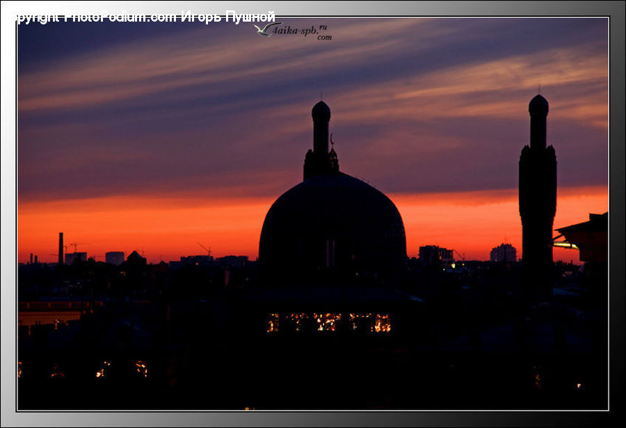 Architecture, Dome, Mosque, Worship, Dawn, Dusk, Red Sky