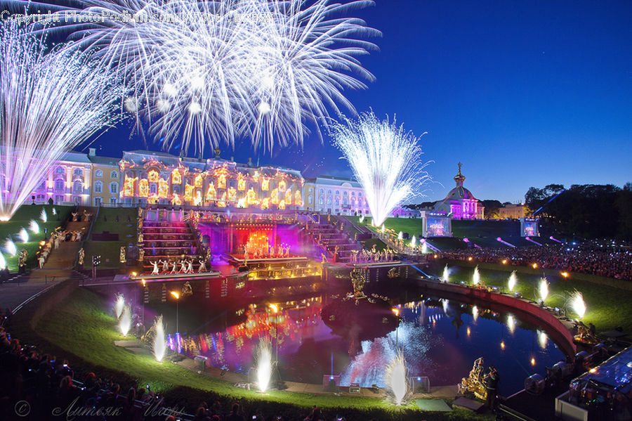 Fireworks, Night, Lighting, Stage, Fountain, Water, City