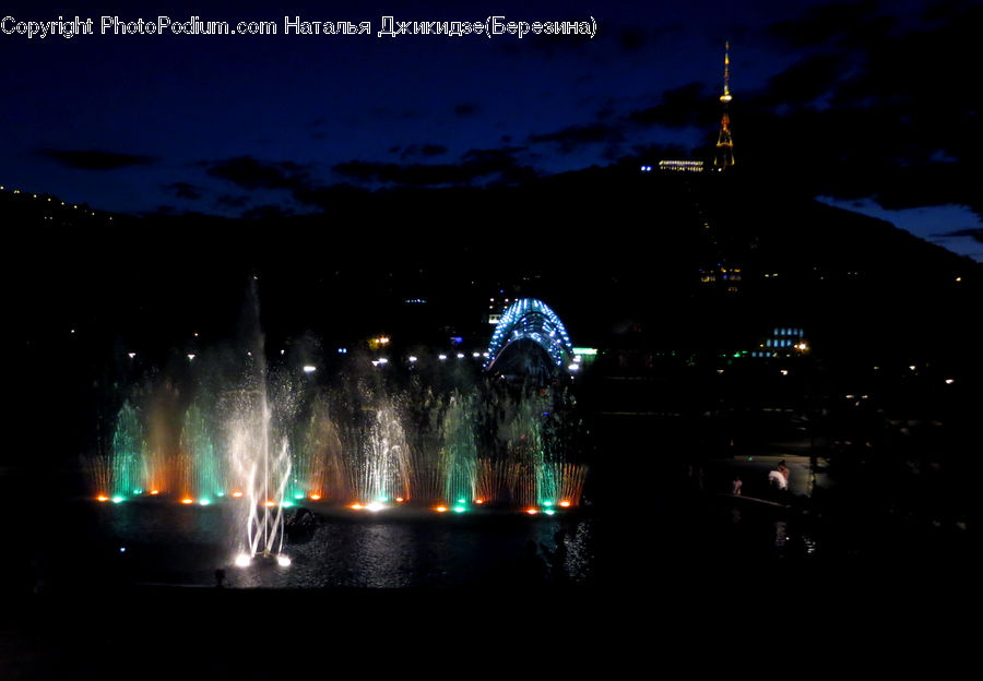 Fountain, Water, Night, Outdoors, Architecture, Tower, Lighting