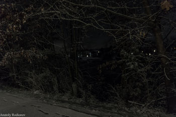 "Between the woods and frosen lake"